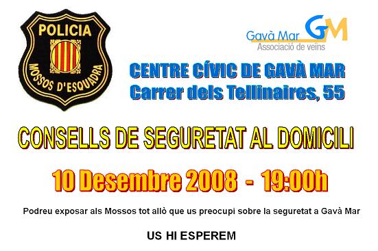 Cartel de la charla que los Mossos d'Esquadra ofrecieron en el Centro Cívico de Gavà Mar el 10 de diciembre de 2008 sobre consejos de seguridad en el domicilio